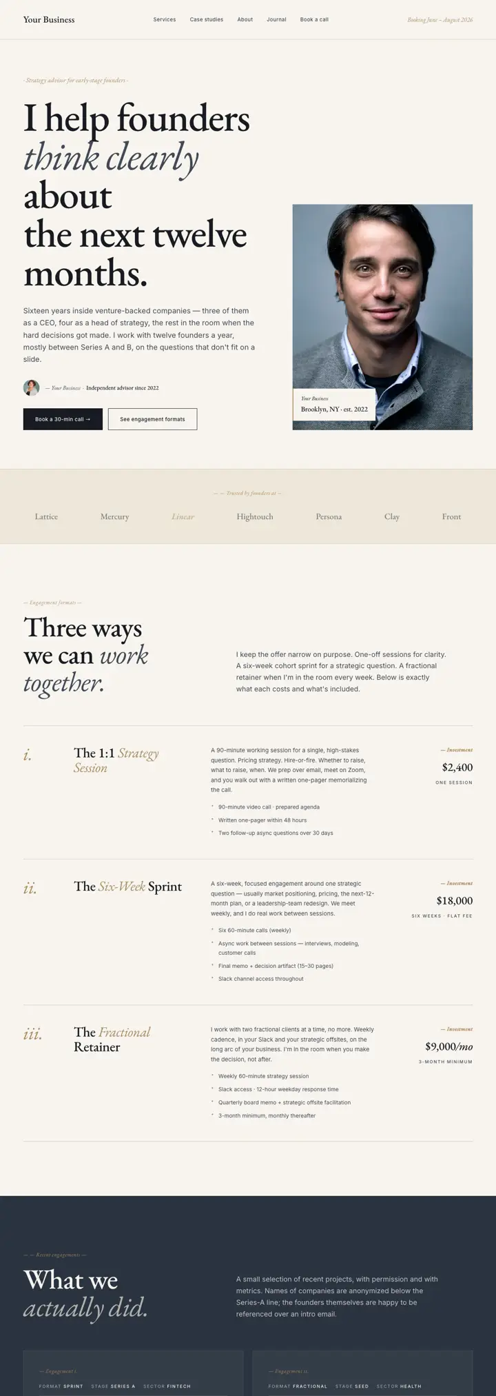 Solo strategy advisor website template from the DesignSnipe shop, full page