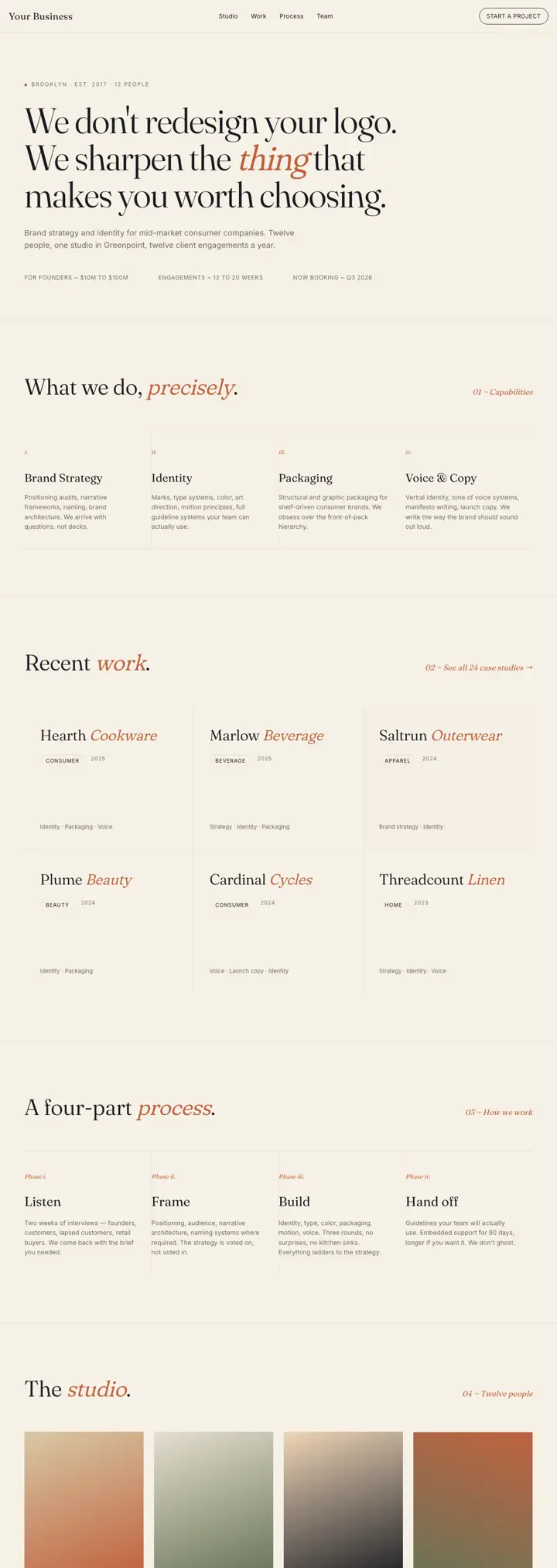 Brand strategy agency website template from the DesignSnipe shop, full page