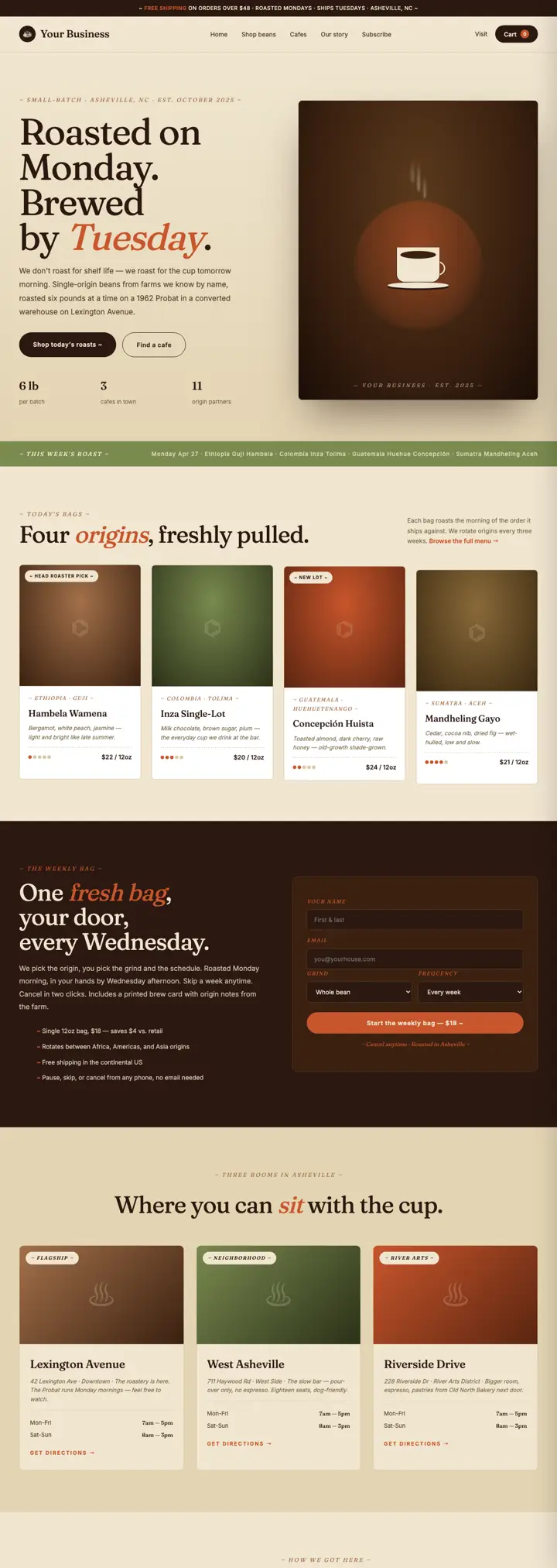 Coffee roaster + cafés website template from the DesignSnipe shop, full page