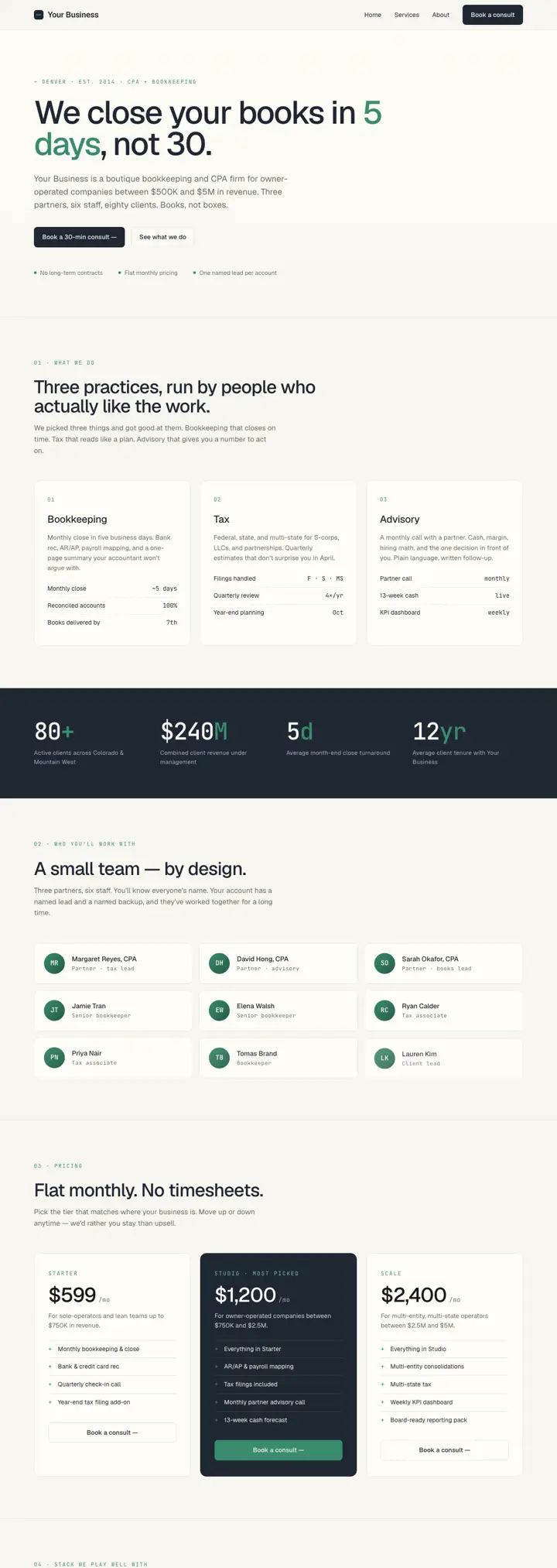 CPA + bookkeeping firm website template from the DesignSnipe shop, full page