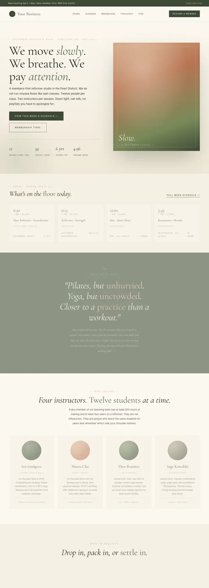 Yoga + pilates studio website template from the DesignSnipe shop, full page