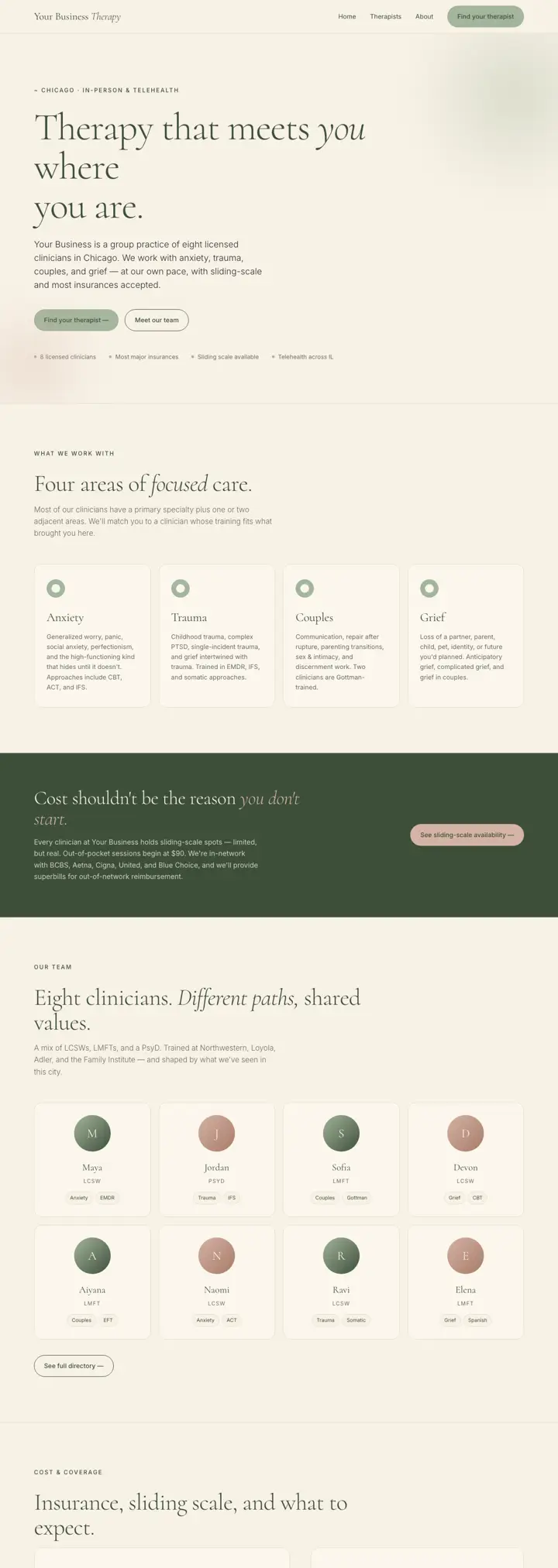 Group therapy practice website template from the DesignSnipe shop, full page