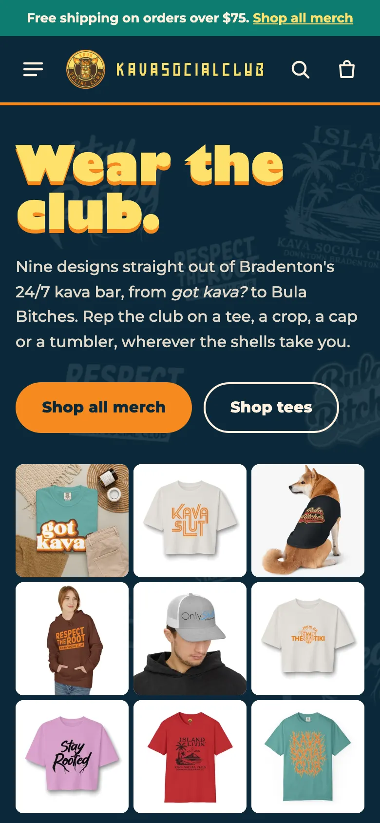 Kava Social Club Merch website on a phone