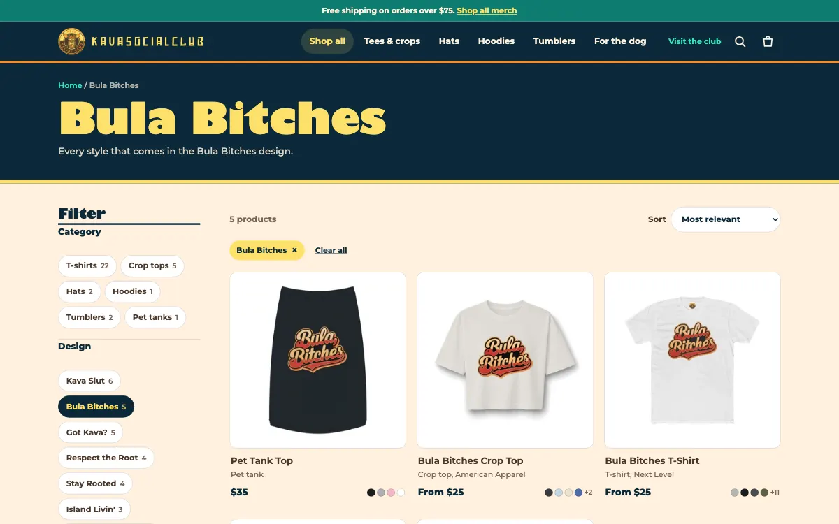 Kava Social Club Merch: Shop by design: Bula Bitches page