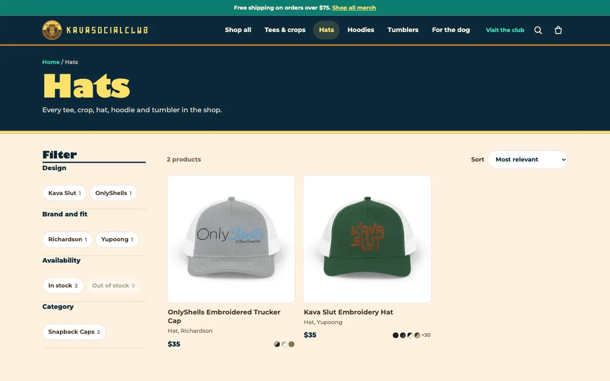 Kava Social Club Merch: Hats page