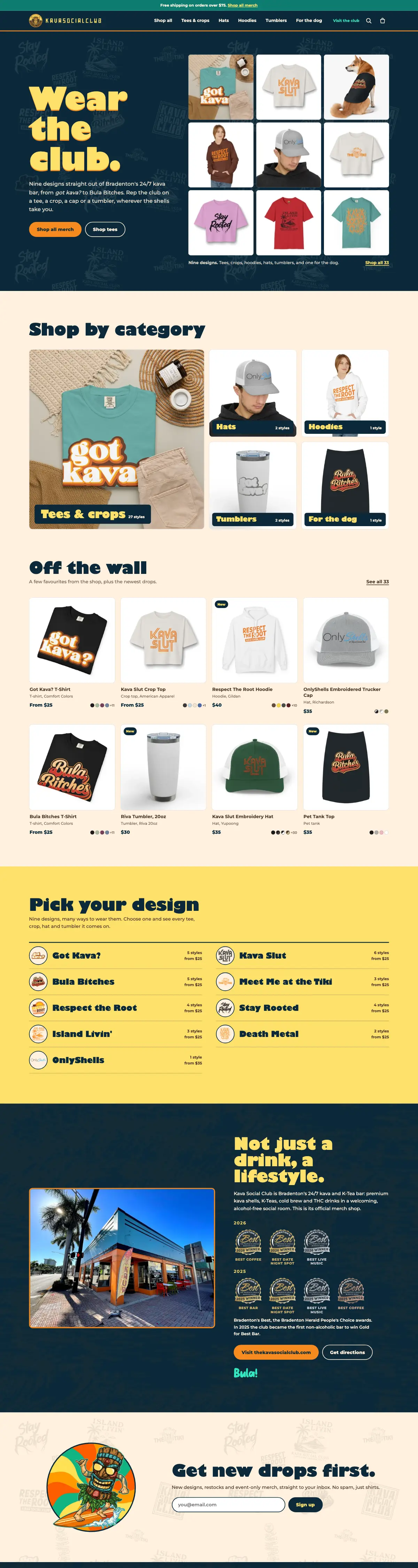 Kava Social Club Merch website, full page